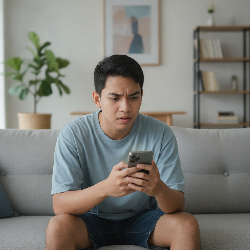 Filipino player learning to use online casino on smartphone at home